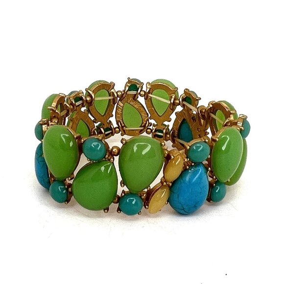 Teal  and Blue Goldtone Enamel Costume Jewelry  Bracelet Faux Jade and Turquoise - Picture 4 of 6